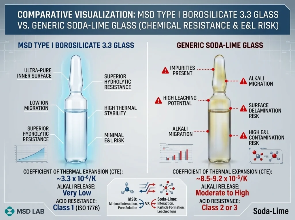 Infographic comparing the chemical resistance and E&L risk reduction of Type I Borosilicate 3.3 glass versus standard glass.