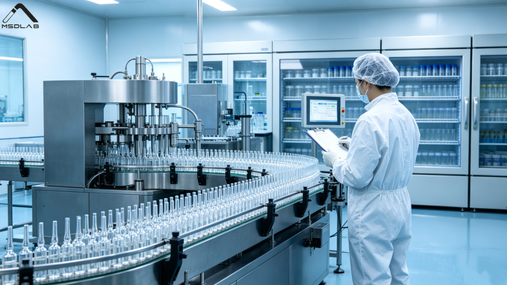 Automated pharmaceutical ampoule manufacturing line in a sterile clean room environment.