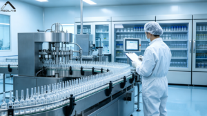Automated pharmaceutical ampoule manufacturing line in a sterile clean room environment.