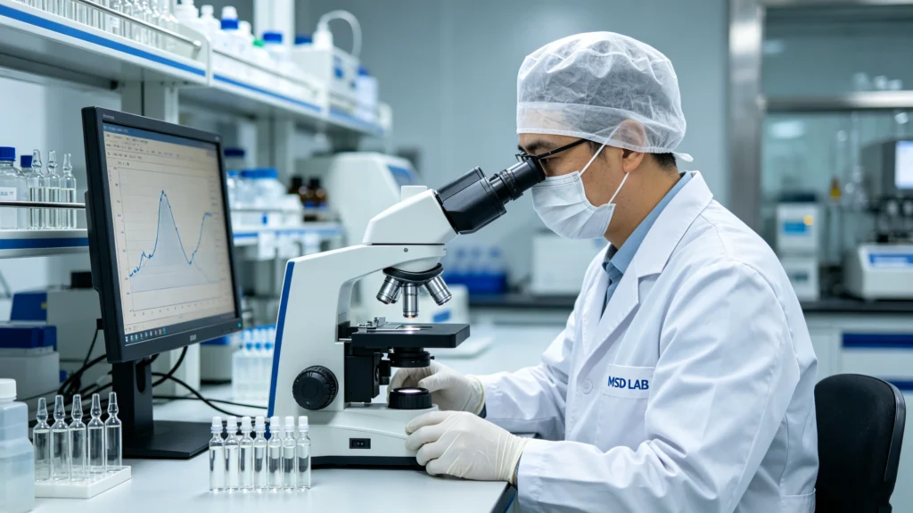 Quality inspector in a cleanroom analyzing Type I Borosilicate ampoules for pharmaceutical compliance.