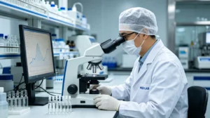Quality inspector in a cleanroom analyzing Type I Borosilicate ampoules for pharmaceutical compliance.