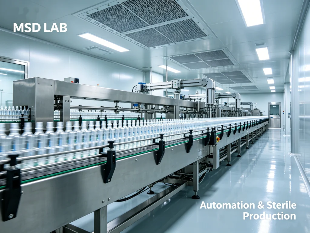 Wide angle view of an ISO-certified sterile automated production line for pharmaceutical ampoules.