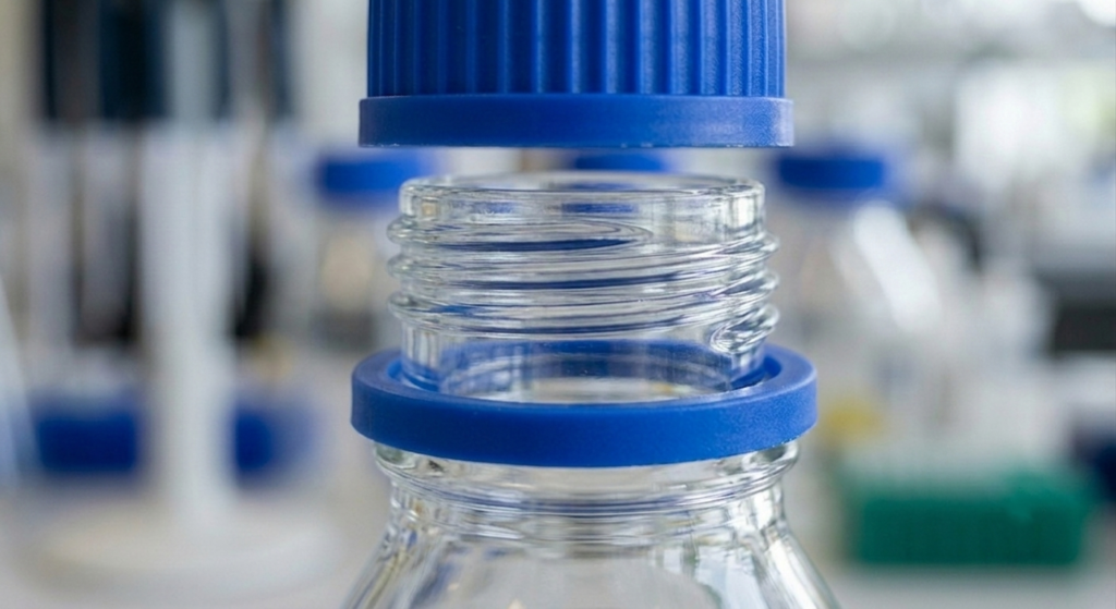 An extreme macro photograph capturing the precise, high-clarity threading detail and blue polypropylene pouring ring of an MSD LAB GL45 borosilicate glass bottle.