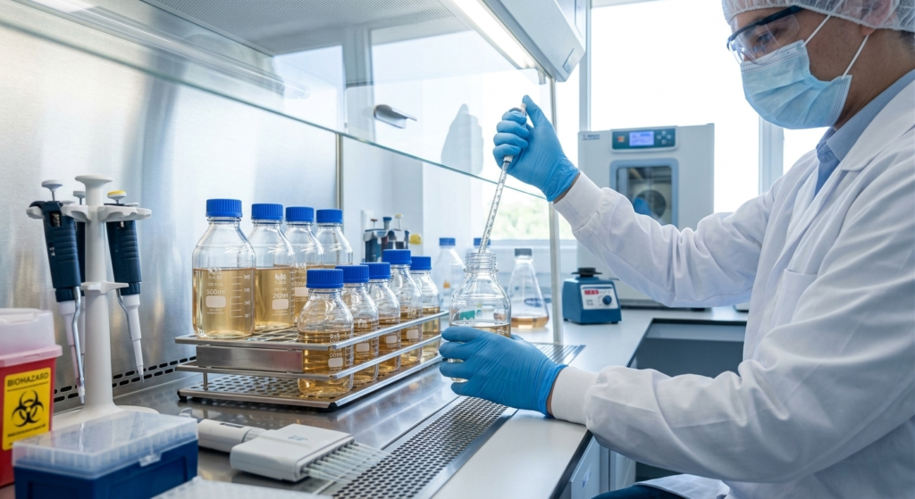 Laboratory technician, in full sterile gear, conducting an aseptic media storage procedure using professional MSD LAB GL45 borosilicate glass bottles under a laminar flow hood.