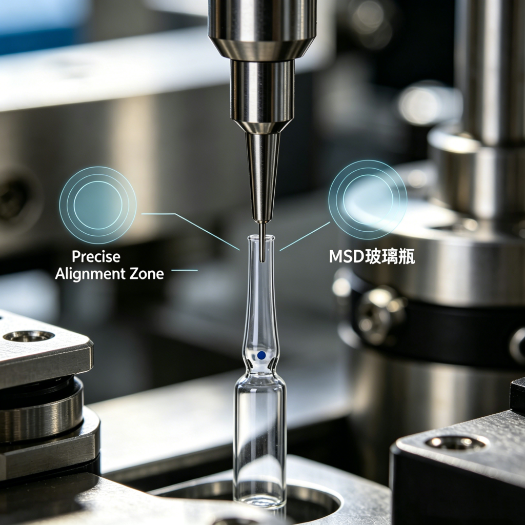 Close-up of pharmaceutical ampoules moving on a high-precision filling machine.