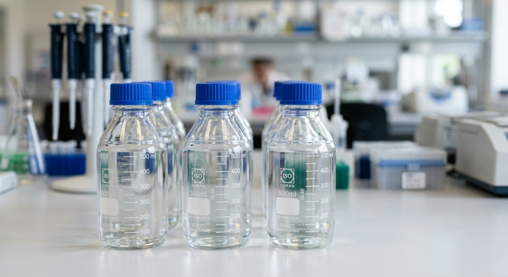 Professional GL45 borosilicate glass bottles with blue caps arranged on a clean laboratory workbench, featuring clear graduation marks and ISO standard certification.