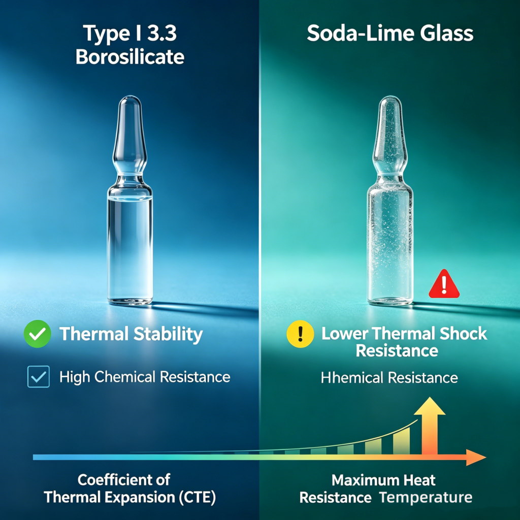 Technical comparison table showing the superior thermal shock resistance of Type I Borosilicate glass.