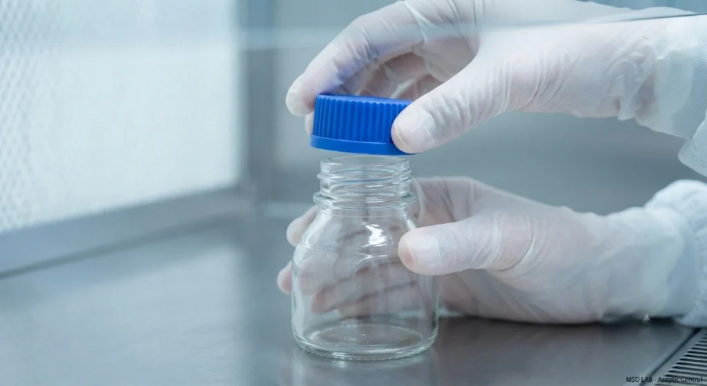 Aseptic technique for tightening GL45 glass bottle caps in a cleanroom environment to prevent contamination.