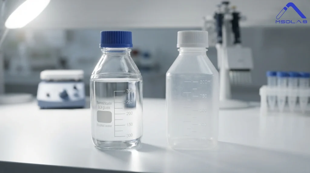 Comparison of borosilicate 3.3 glass vs plastic lab bottles on a clean laboratory bench.