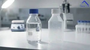 Comparison of borosilicate 3.3 glass vs plastic lab bottles on a clean laboratory bench.