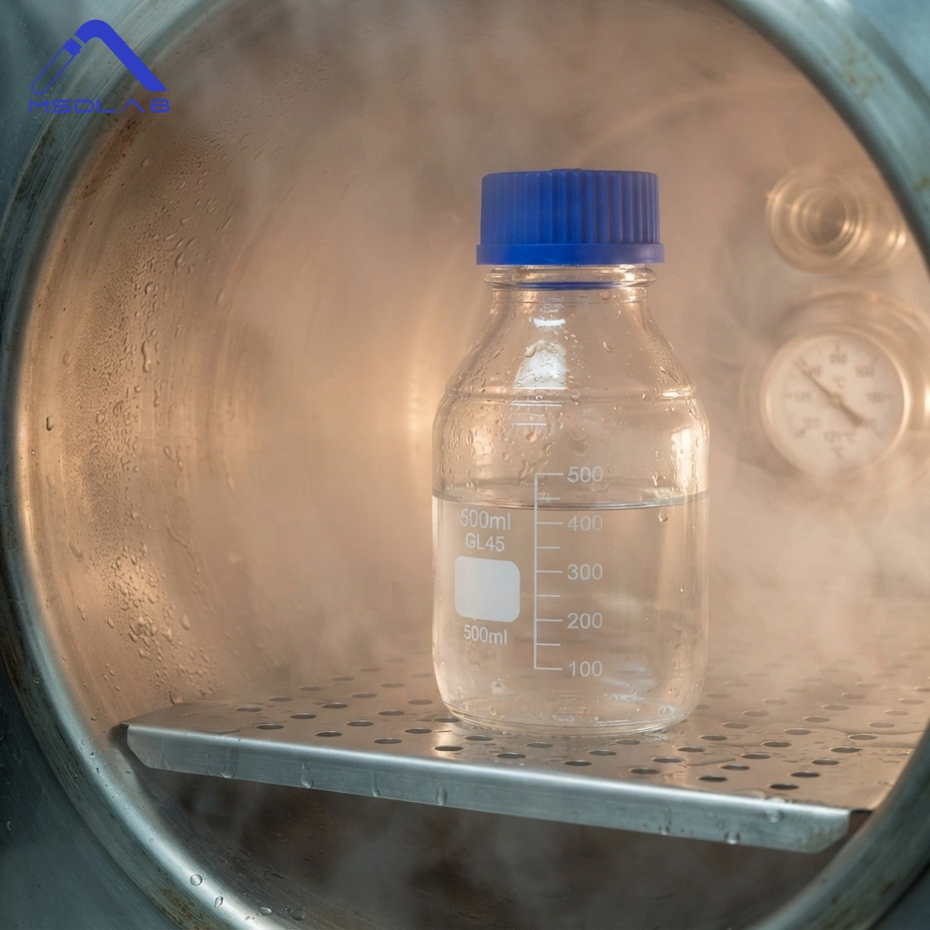 Borosilicate 3.3 glass vs plastic lab bottles undergoing high temperature autoclave sterilization.