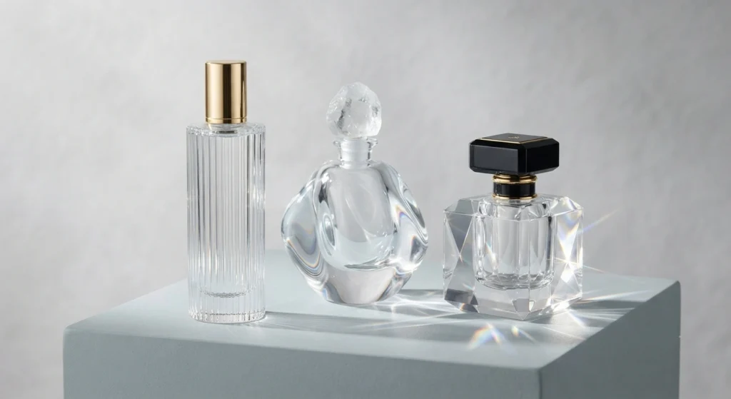 Three minimalist perfume bottles showcasing custom luxury glass packaging with ultra-clear transparency