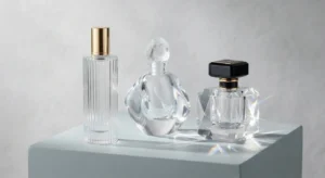 Three minimalist perfume bottles showcasing custom luxury glass packaging with ultra-clear transparency