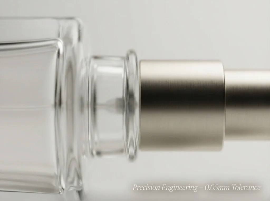 Macro detail shot of pump connection on custom luxury glass packaging, highlighting 0.05mm engineering tolerance.