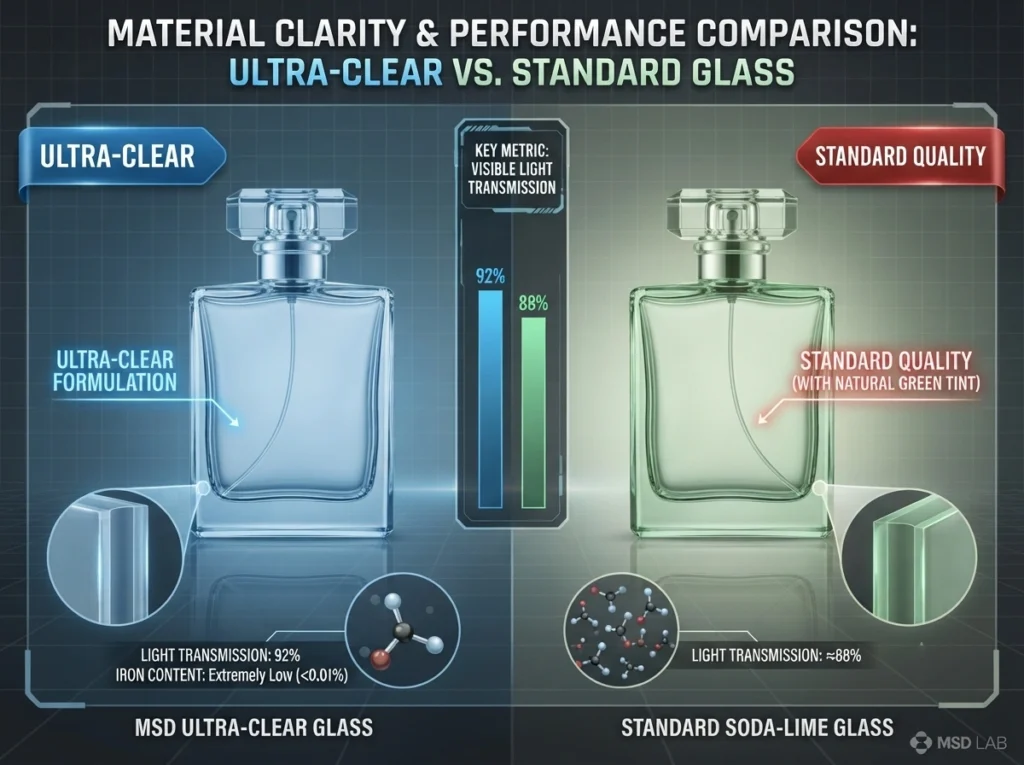 Technical infographic comparing light transmission and quality of custom luxury glass packaging versus standard glass.