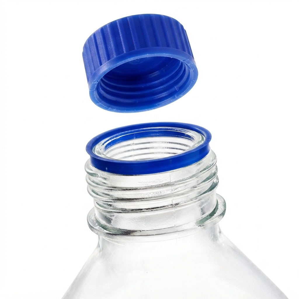 Detailed view of the GL45 thread, cap, and pouring ring design for leak-proof laboratory liquid handling.