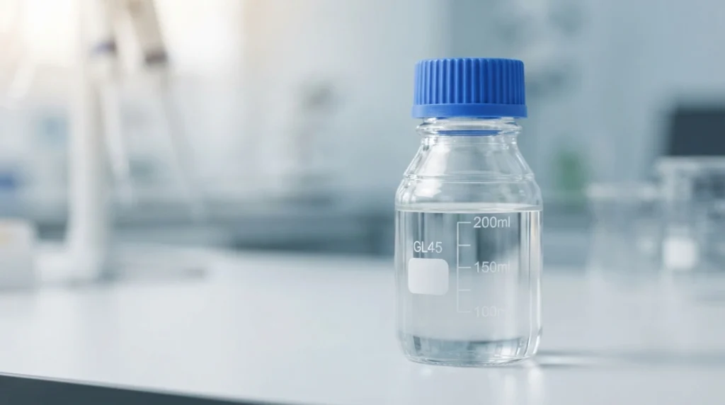 High-quality GL45 laboratory media bottle made of USP/EP Type I borosilicate 3.3 glass for professional use.