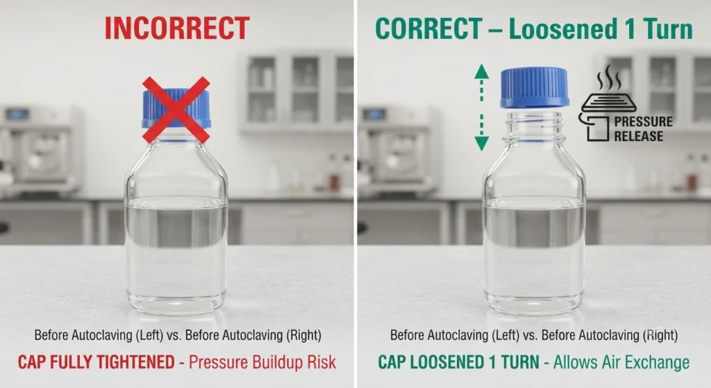 Correct sterilization technique for GL45 media bottles: loosening the cap one full turn for pressure equalization during autoclaving.