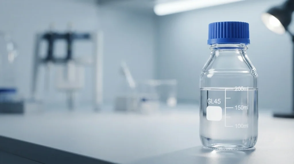 High-quality GL45 media bottles for laboratory sterilization and chemical storage.