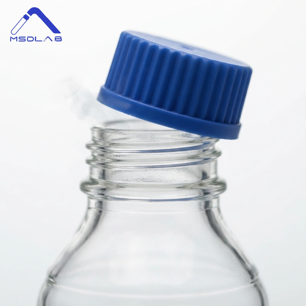 Close-up of GL45 reagent bottle sterilization cap positioning for pressure management.