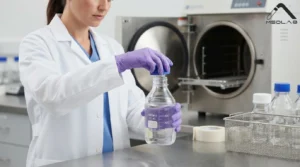 Technician preparing GL45 reagent bottle sterilization safely inside a laboratory.
