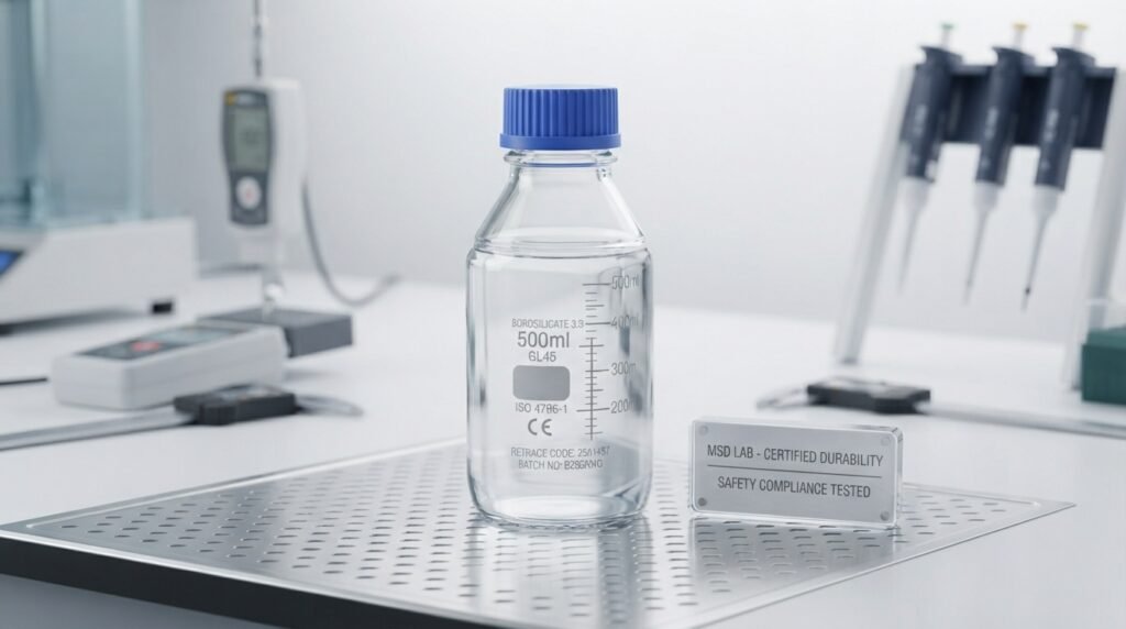 Durable glass bottle on a laboratory bench to prevent breakage.