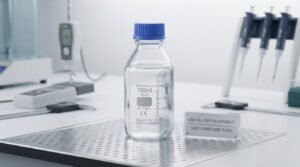 Durable glass bottle on a laboratory bench to prevent breakage.