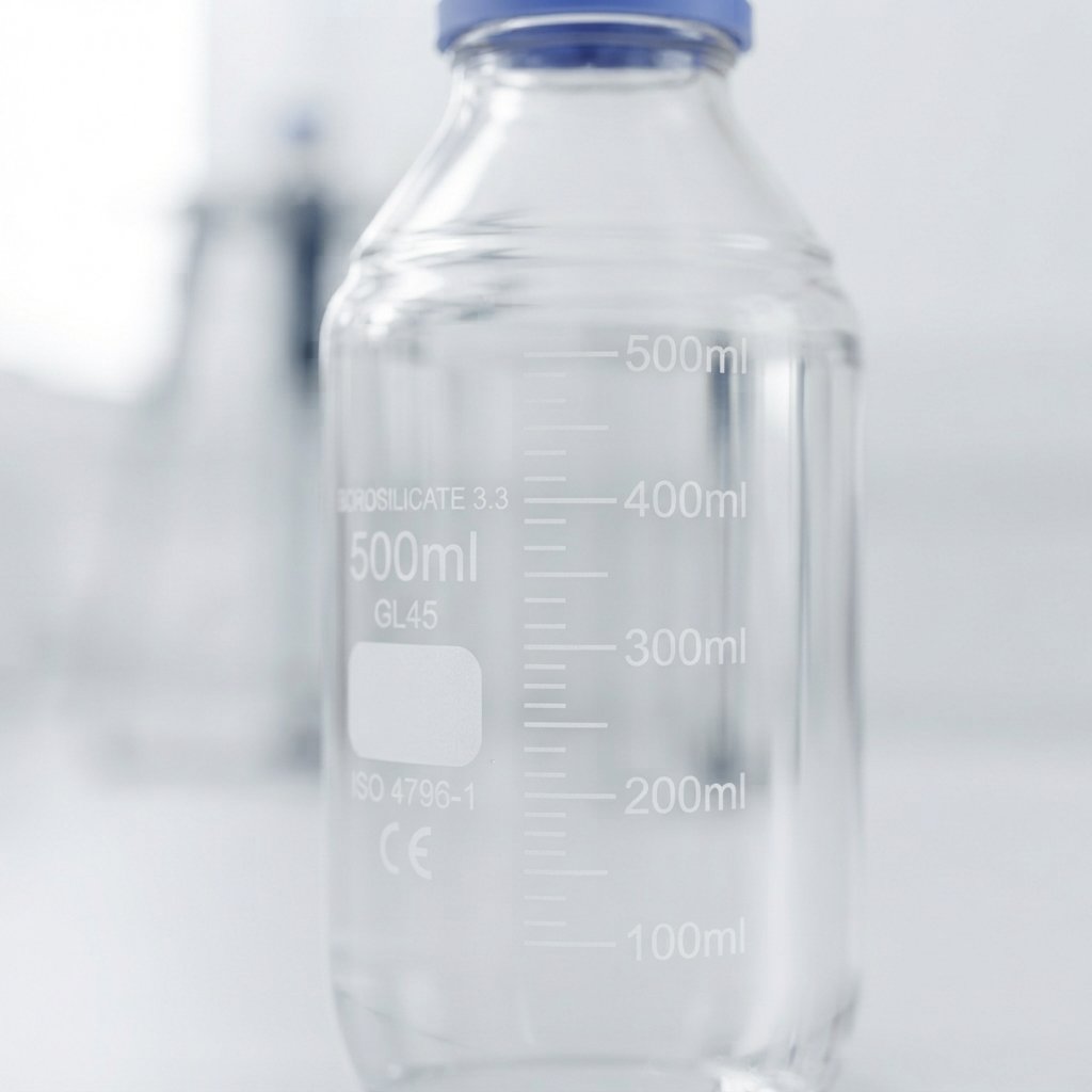 Clear graduation lines and enamel markings on a quality GL45 media bottle.