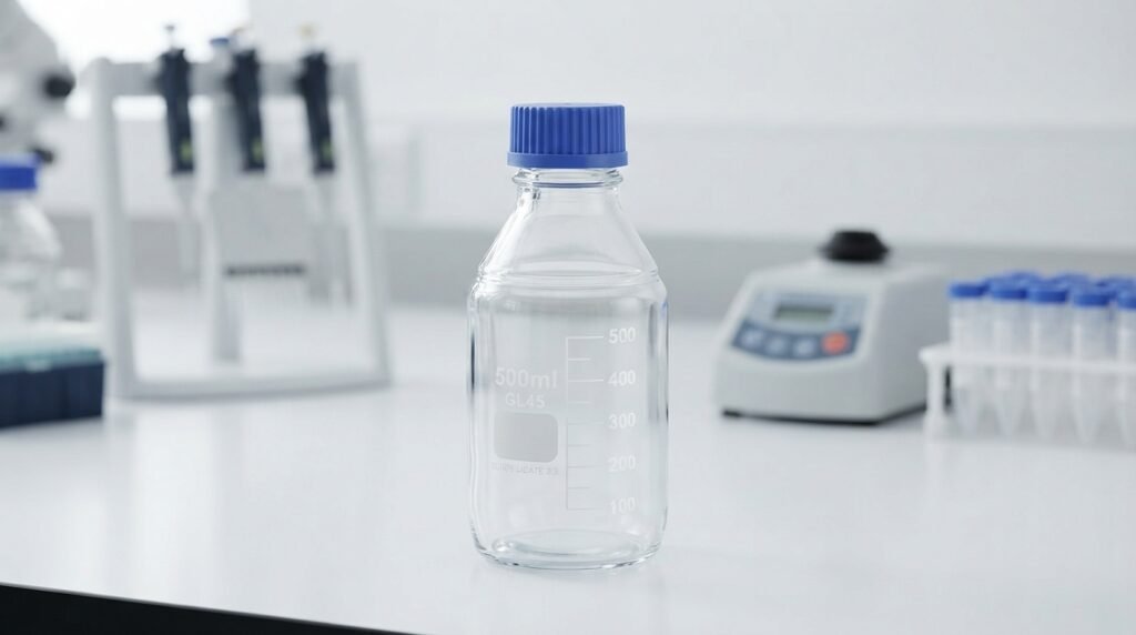 Inspecting a quality GL45 media bottle on a clean laboratory testing bench.