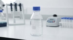 Inspecting a quality GL45 media bottle on a clean laboratory testing bench.