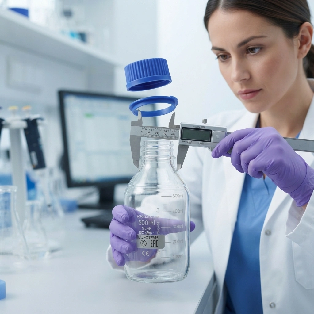 Technician inspecting an ISO 4796-1 compliant laboratory reagent bottle.