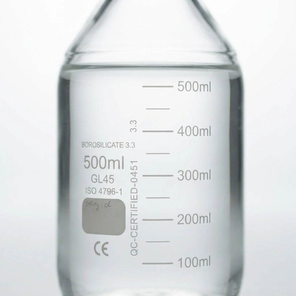 Close-up of compliance markings on an ISO 4796-1 standard laboratory glass bottle.