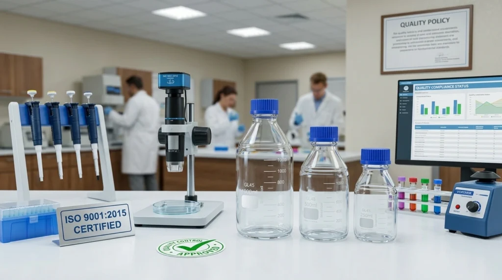 Certified laboratory bottles meeting the ISO 4796-1 standard on a testing bench.