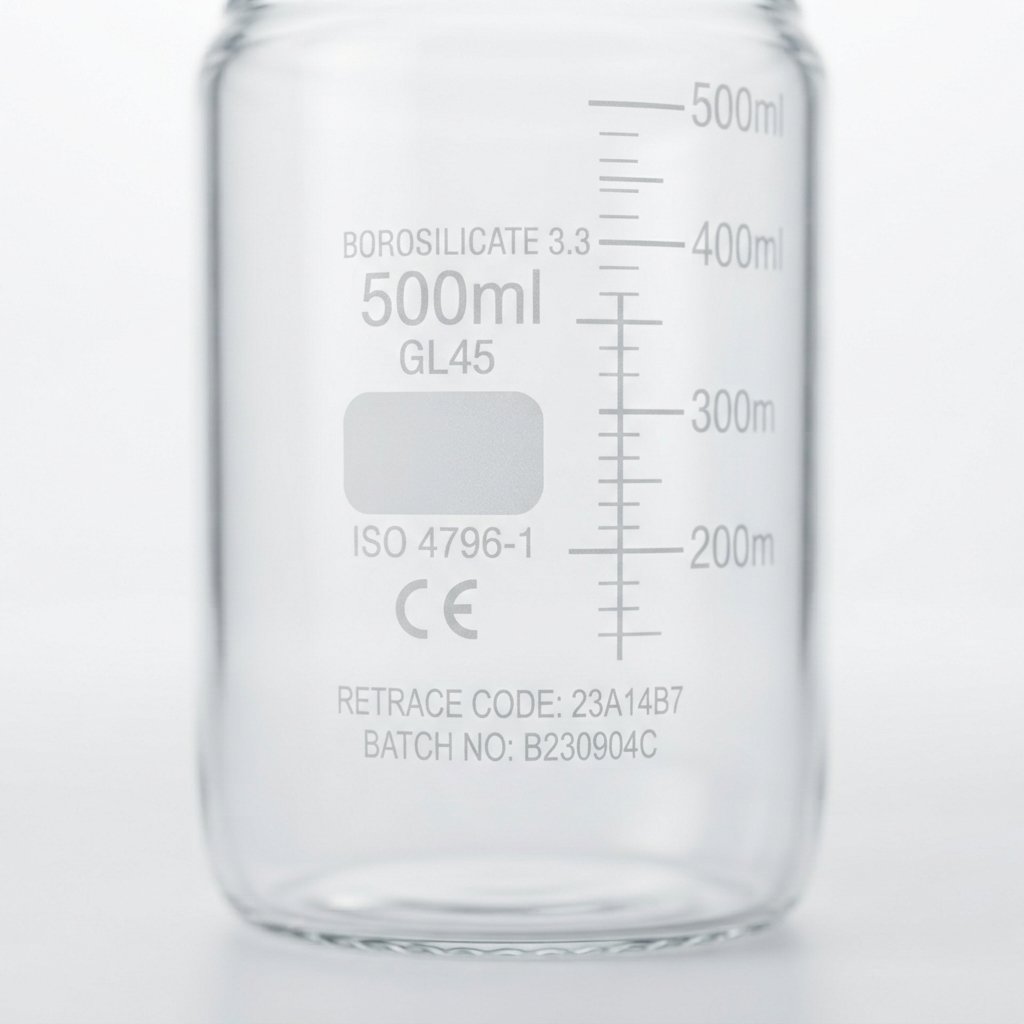 Close-up of a laser-etched retrace code on a borosilicate glass bottle.