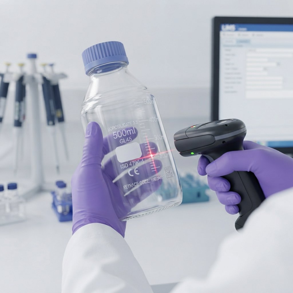 Technician scanning a retrace code on a glass bottle during a lab audit.