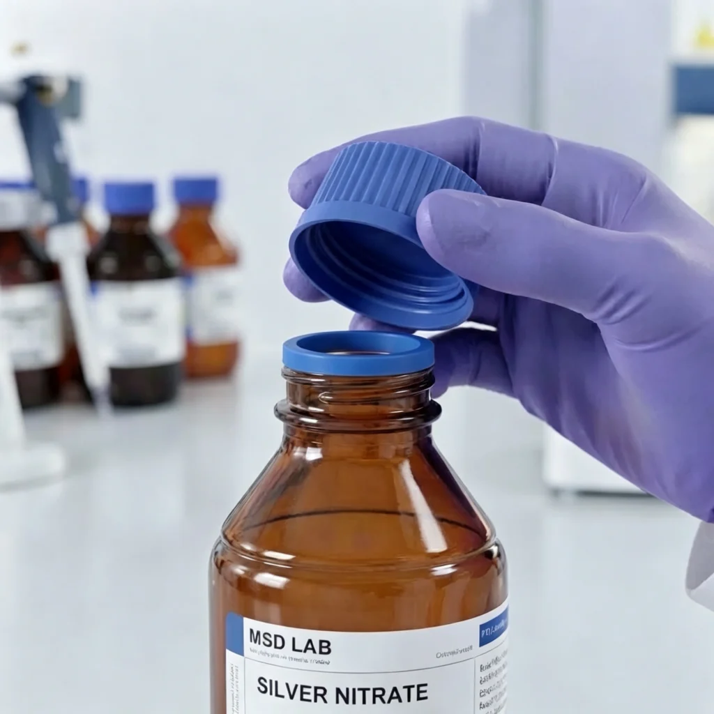 Inspecting cap and seal on an amber glass bottle for chemical reagent storage.