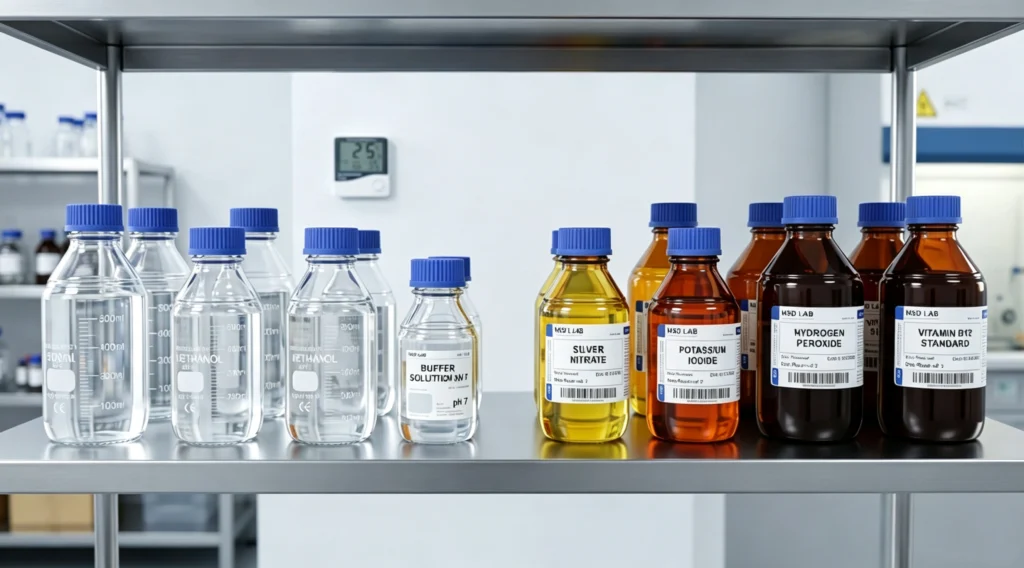 Organized glass media bottles on a laboratory shelf for chemical reagent storage.