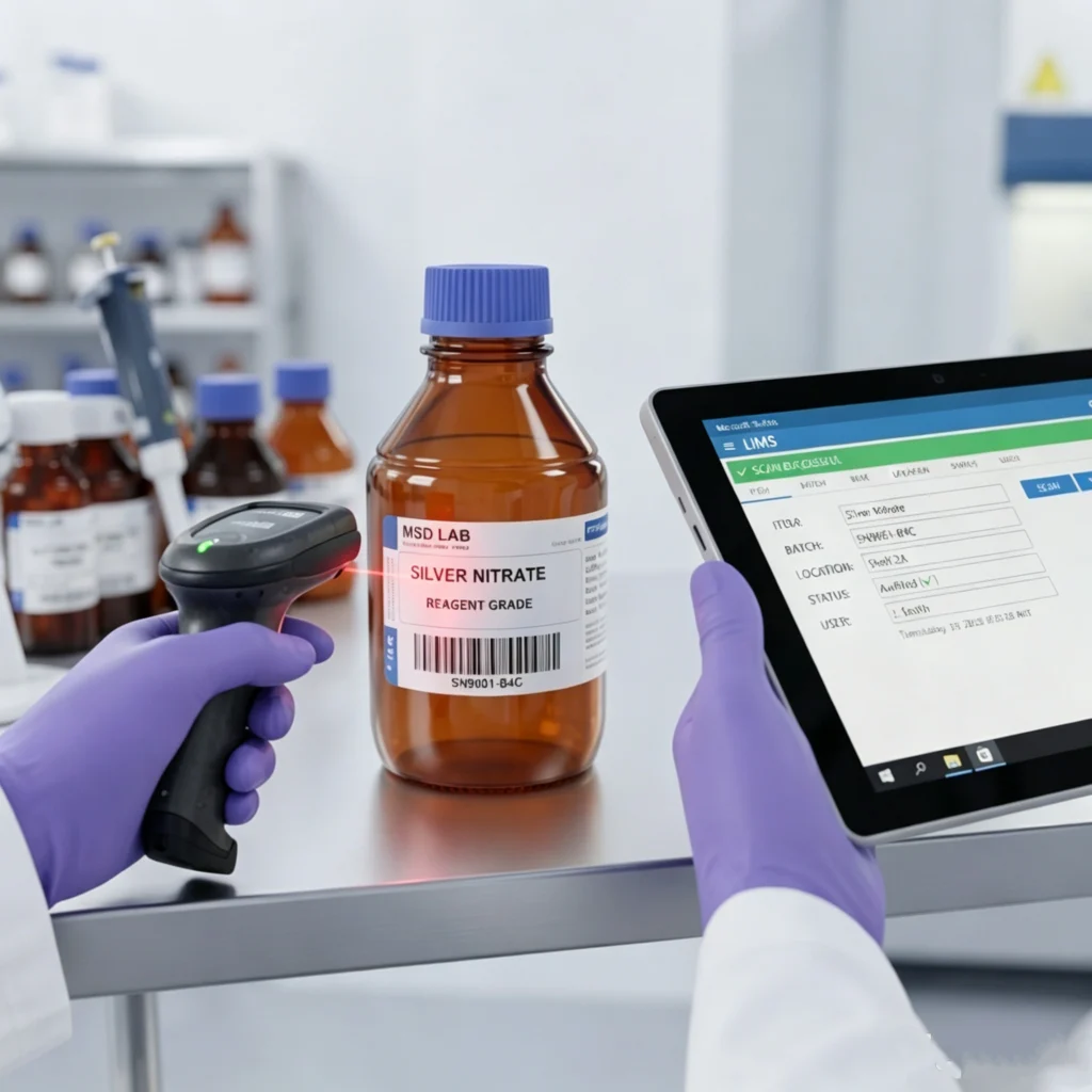 Scanning barcodes for digital inventory tracking during chemical reagent storage.